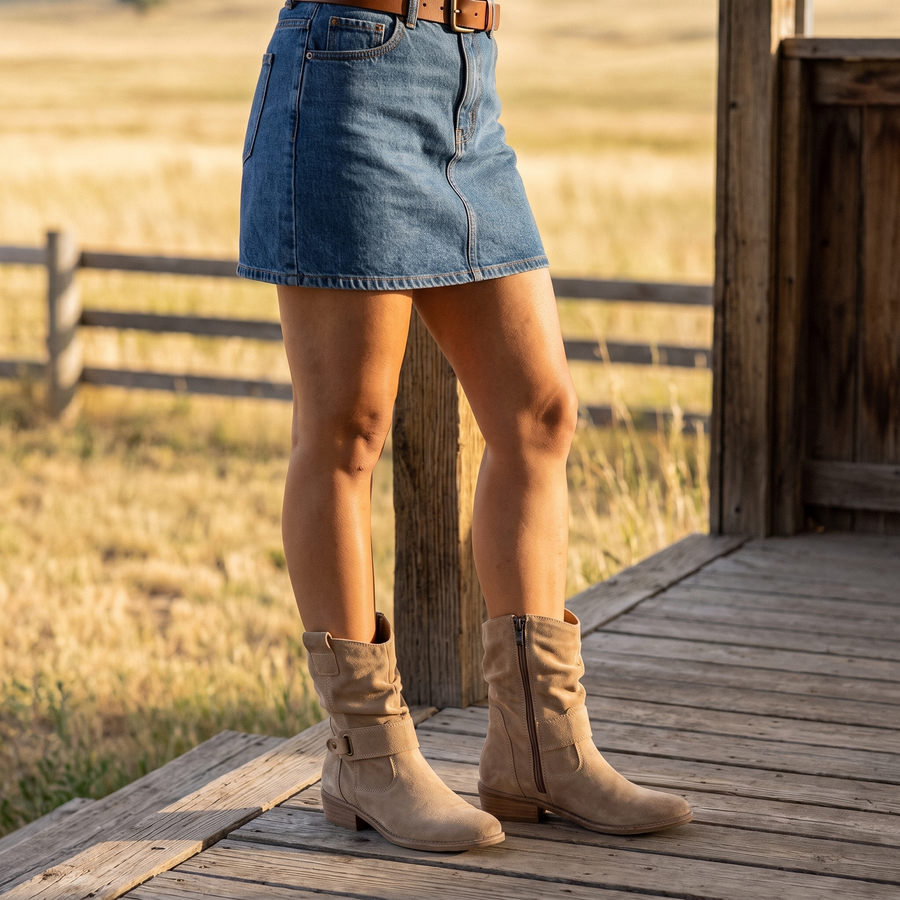 With a denim skirt